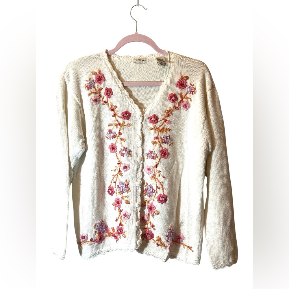 Vintage 90's Yarnworks Floral Embroidered Cream Cardigan Sweater Size M
